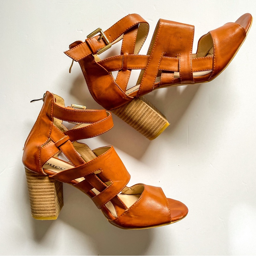 3” chunky heel tan strappy sandal, size 8.5